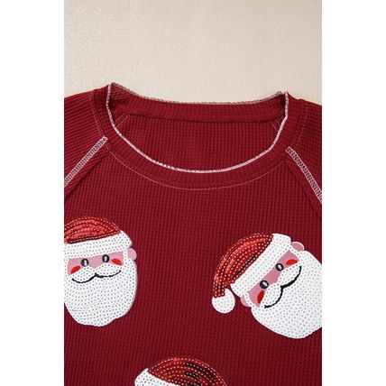 Red Sequin Santa Claus Graphic Textured Long Sleeve Top
