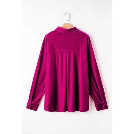 Bright Pink Plus Size Velvet Chest Pocket Drop Shoulder Shirt