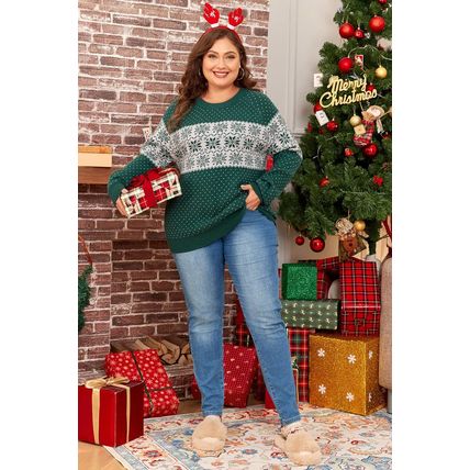 Green Christmas Snowflake Pattern Drop Shoulder Plus Size Sweater