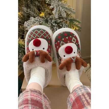 Dark Green Christmas Cartoon Reindeer Plush Home Slippers