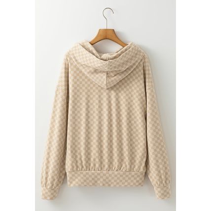 Khaki Checkered Print Kangaroo Pocket Drawstring Hoodie