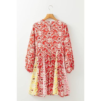 Red Colorful Floral Patchwork Long Sleeve Pleated Mini Dress
