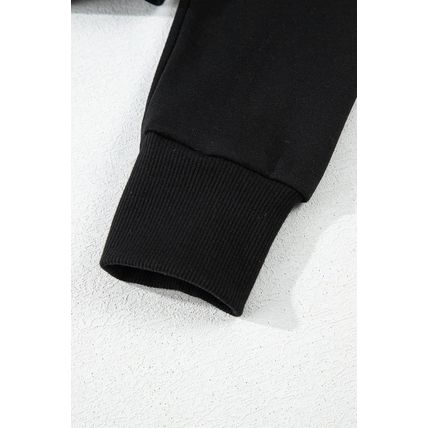 Black Solid Drop Shoulder Drawstring Cropped Hoodie