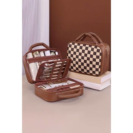 Black Checkered Multiple Compartments PU Leather Cosmetic Bag