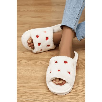 White Valentines Heart Embroidered Fuzzy Winter House Slippers