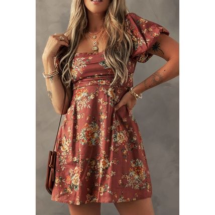 Red Floral Puff Sleeve Square Neck Knot Open Back Mini Dress