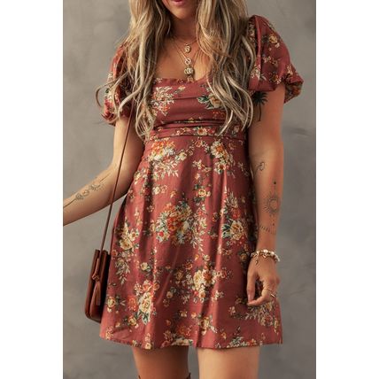 Red Floral Puff Sleeve Square Neck Knot Open Back Mini Dress
