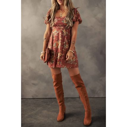 Red Floral Puff Sleeve Square Neck Knot Open Back Mini Dress