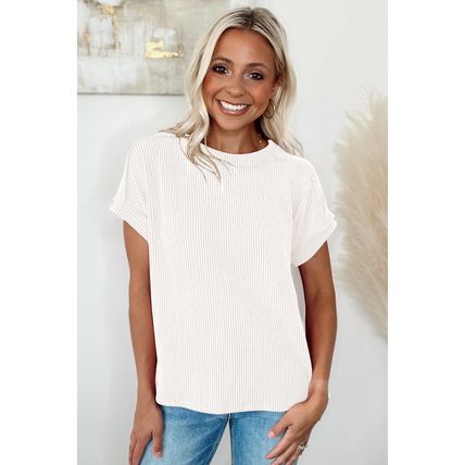 White Textured Knit Exposed Stitching T-shirt
