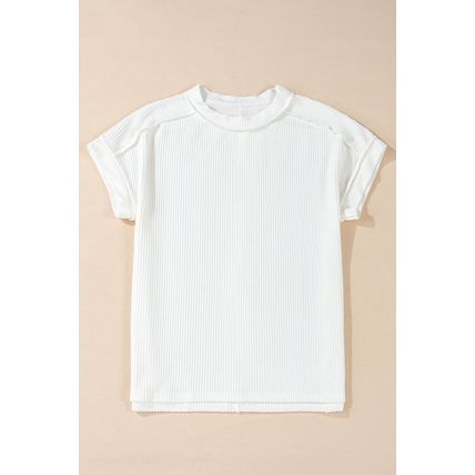 White Textured Knit Exposed Stitching T-shirt
