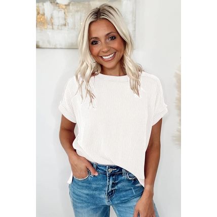 White Textured Knit Exposed Stitching T-shirt