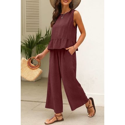 Red Dahlia Solid Color Ribbed Ruffle Tank Top and Pants Set