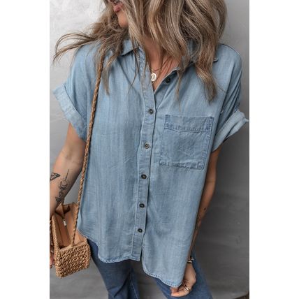 Dusk Blue Folded Short Sleeve Patched Pocket Denim Shirt