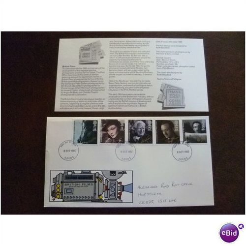 1985 British Film Year stamps GB Royal Mail FDC Leeds Chaplin Sellers Hitchcock