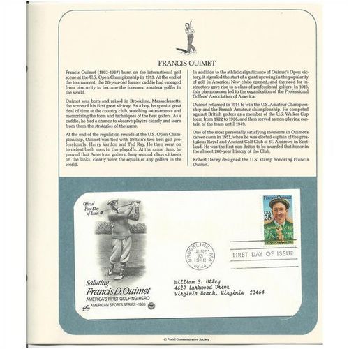 FRANCIS OUIMET ' OFFICIAL FIRST DAY of ISSUE ' (1988)