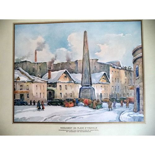Vintage Paul Caron print Monument Place D'Youville Montreal Lithograph painting