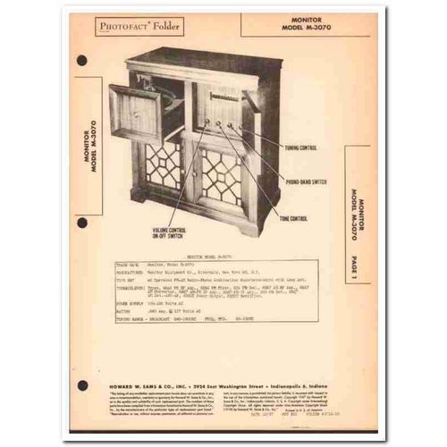 monitor model m-3070 11-tube am fm radio phono sams photofact manual