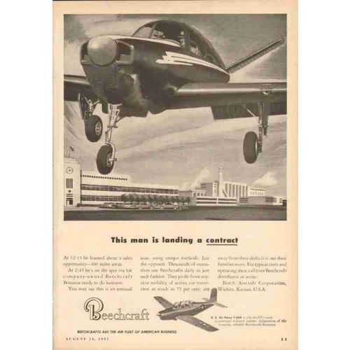 beech aircraft corp 1953 bonanza airplane landing contract vintage ad