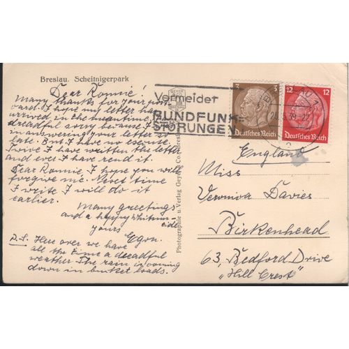 Vintage Germany Postcard 1939 - Breslau Scheitnigerpark
