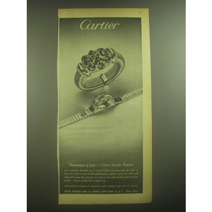 1945 Cartier Bracelet and Bracelet Watch Ad - Handsomest of Gifts