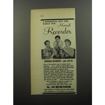 1956 G. Schirmer Soprano Recorder Ad - A wonderful gift for family fun