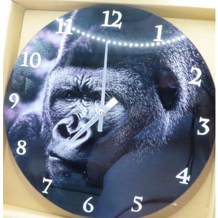 White Ararabic Numerals Wall Clock Glass Black Face with Gorilla Detail 29.5 CM
