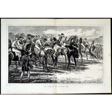 DERBY - AT THE STARTING POST 1872 Basil Bradley VICTORIAN ENGRAVING