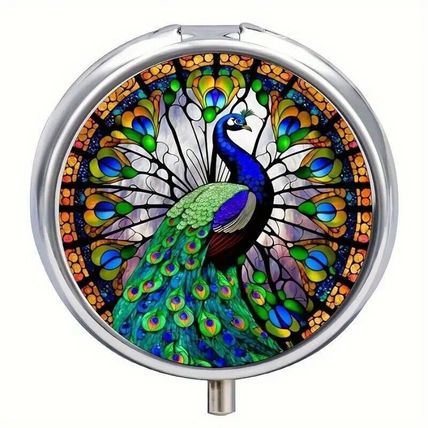 Peacock Themed Round Pill Box Metal 3 Compartment