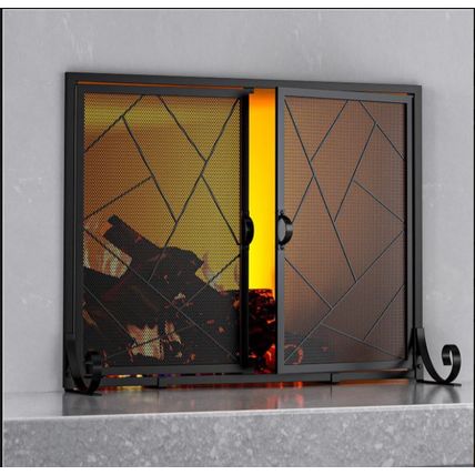 Fire Beauty Fireplace Screen w/ Hinged Doors, Metal Mesh Decorative Spark Guard