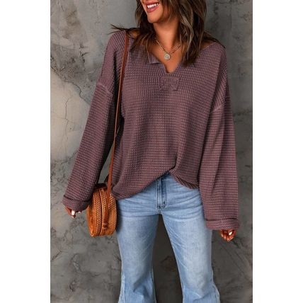 purple Waffle Knit Loose Long Sleeve Top