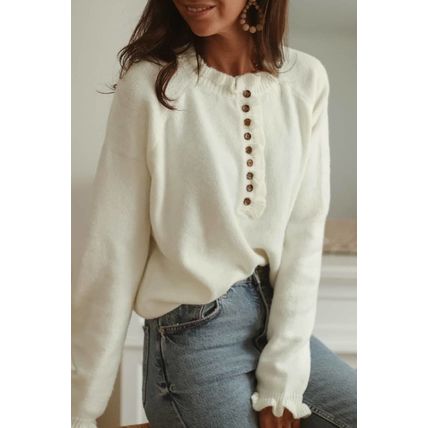 Beige Frill Trim Buttoned Knit Pullover Sweater