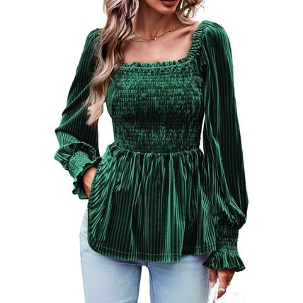 Blackish Green Smocked Ribbed Velvet Babydoll Top