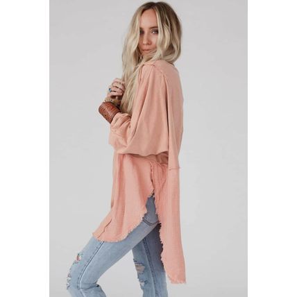 Crinkle Splicing Raw Hem High Low Oversized Blouse