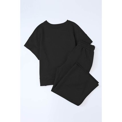 Black Textured Loose Fit T Shirt and Drawstring Pants Set