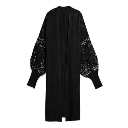 Black Crochet Lace Sleeve Ribbed Knit Cardigan
