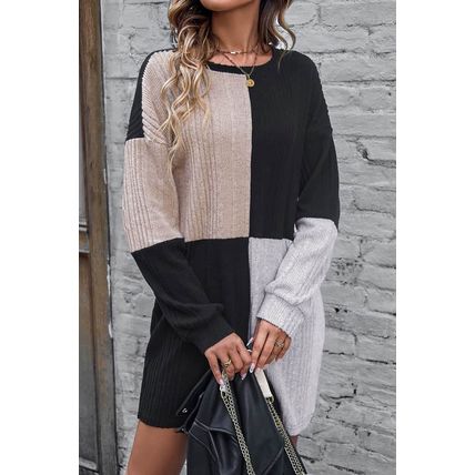 Black Ribbed Color Block Drop Shoulder Long Sleeve Mini Dress