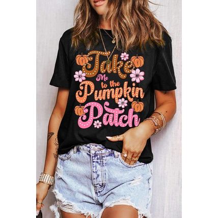 Black Take Me To The Pumpkin Patch Flower Print T Shirt