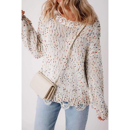 White Colorful Confetti Distressed Knit Sweater