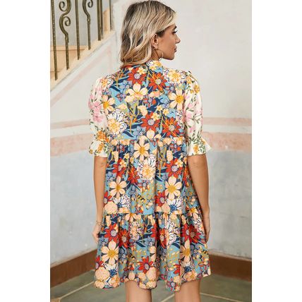 Multicolour Boho Floral Print Crochet Patchwork V Neck Loose Mini Dress