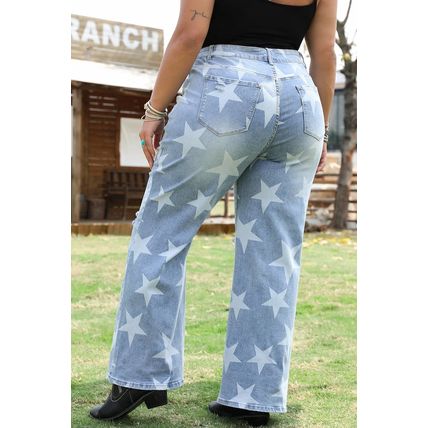 Sky Blue Star Printed Multi Buttons Slit Knee Destroyed Plus Size Jeans