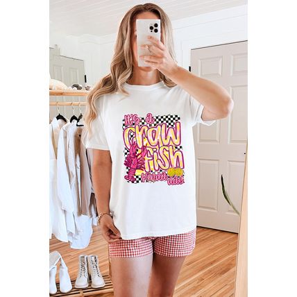 White Crawfish Checkered Pattern Graphic Tee