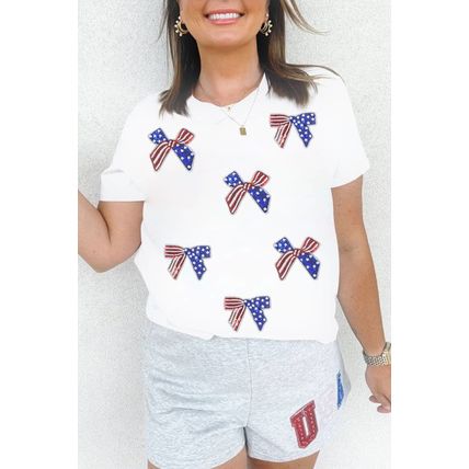 White Sequin Flag Bow Pattern Crew Neck Patriotic Tee