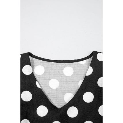 Black Polka Dot Print Ruffled Sleeve V Neck Blouse