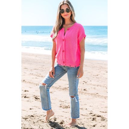 Bright Pink Distressed Hem Short Sleeve Knitted Button Front Sweater