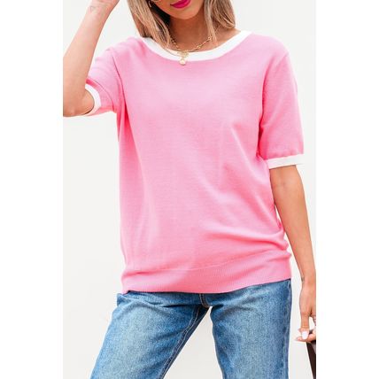 Bonbon Colorblock Bow V-Shape Cut Back Short Sleeve Sweater
