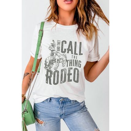 White AND THEY CALL THE THING RODEO Print Round Neck T Shirt