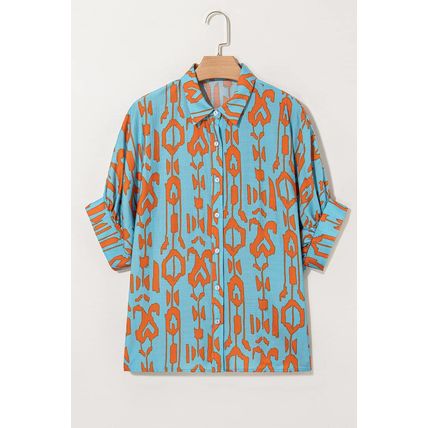 Sky Blue Abstract Print Dolman Short Sleeve Western Loose Shirt