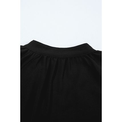 Black Bow Decor Puff Sleeve Split Neck Blouse
