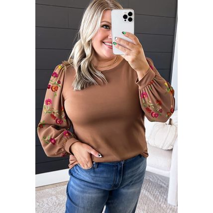 Brown Floral Sleeve Patchwork Round Neck Plus Blouse