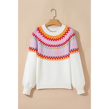 White Ethnic Geometric Colorblock Print Drop Shoulder Sweater